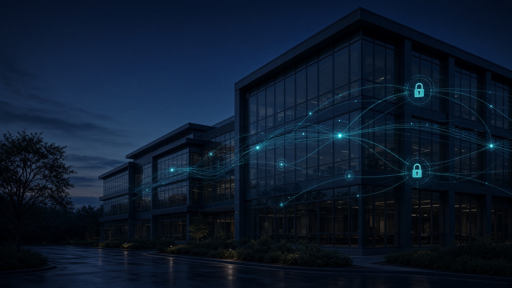 Modern healthcare technology campus with a secure data-path overlay
