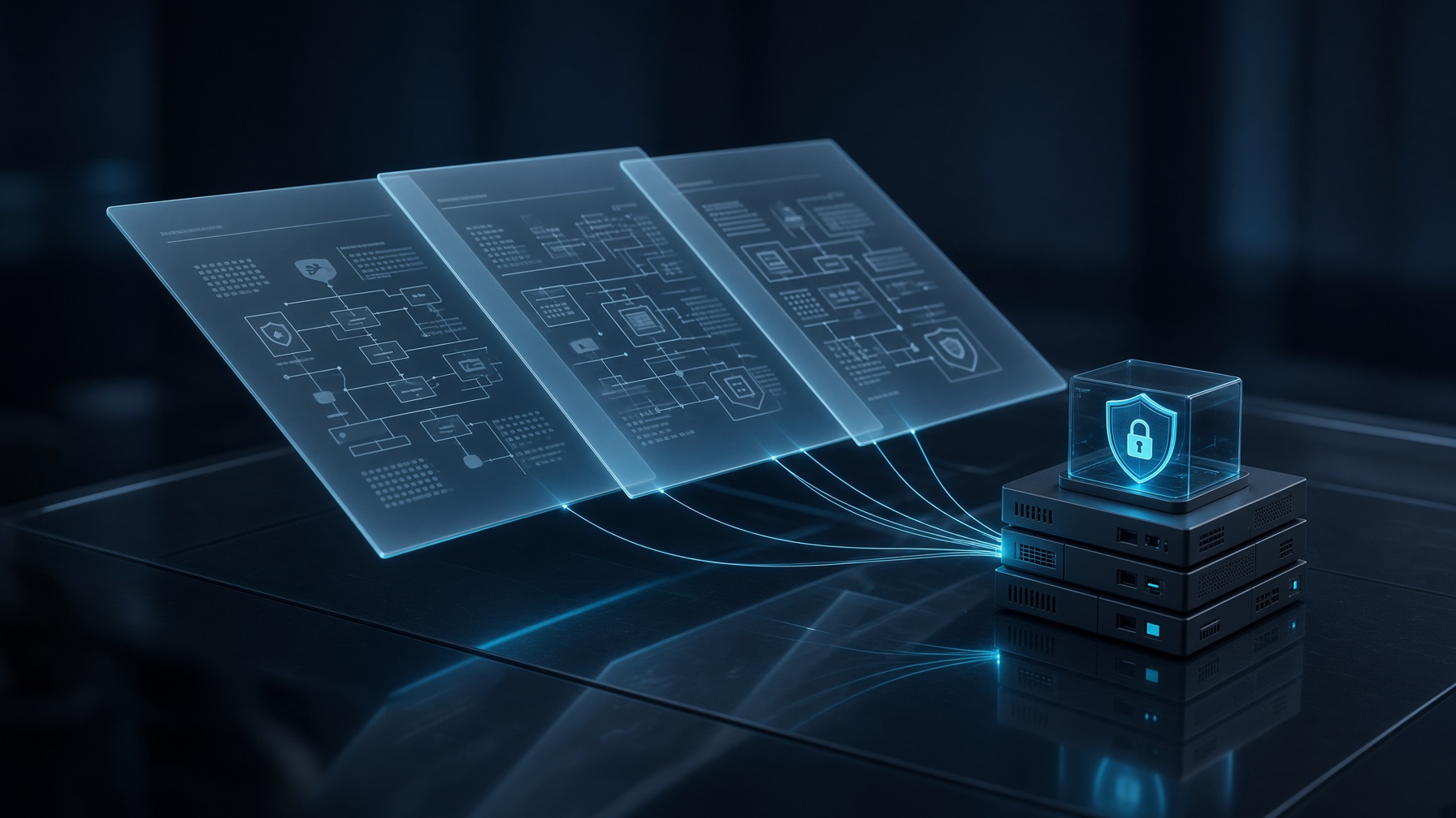 Digital security documentation hovering above a glass desk, connected to a protected system model