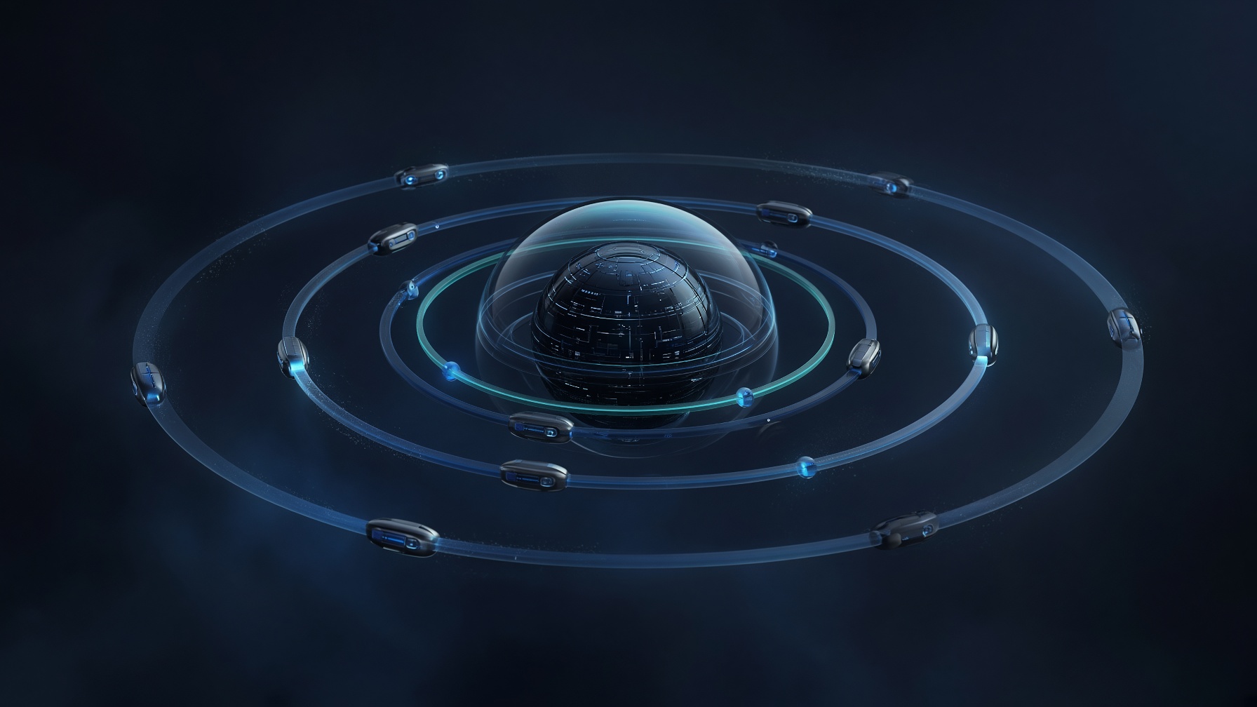 Layered cybersecurity risk-management lifecycle visualized as orbital rings around a protected core