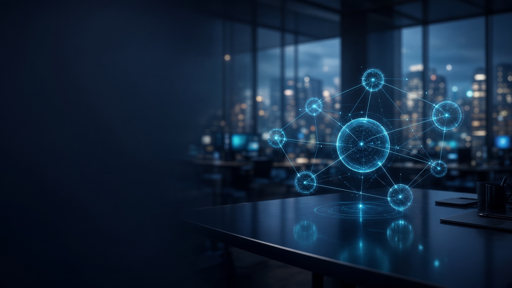 Enterprise cybersecurity risk visualization with layered digital systems and dark negative space for the headline