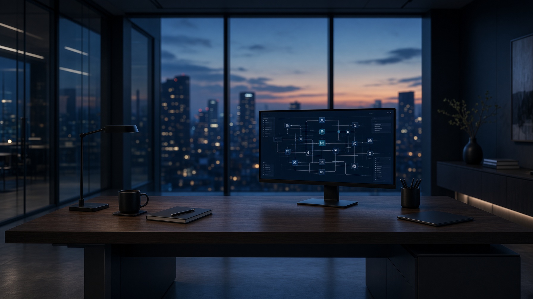 Modern cybersecurity consulting office with an architecture diagram on screen